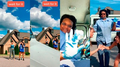 Likeable postwoman interrupts girls filming a Tik Tok video