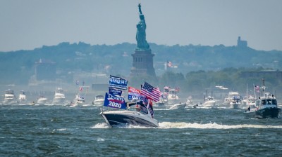 Pro Trump Boat Parade happening in the Hudson River near Manhattan