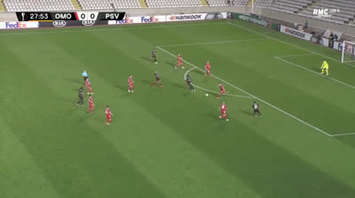 Jordi Gomez puts Omonia ahead against PSV with a free kick from HIS OWN HALF